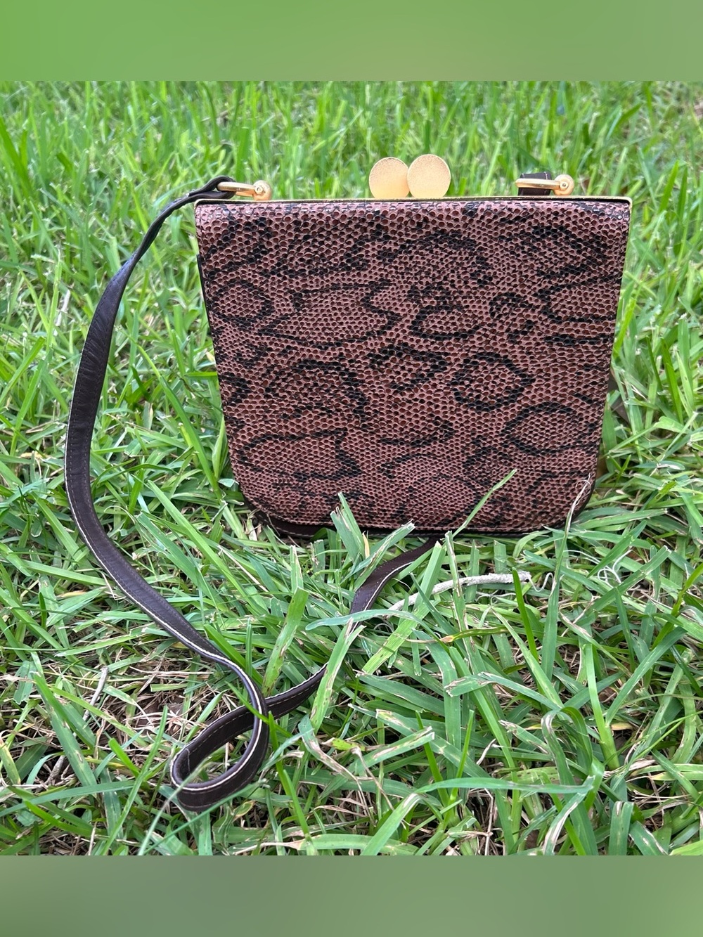 Vintage Brown Reptile Print Clutch with Gold Frame